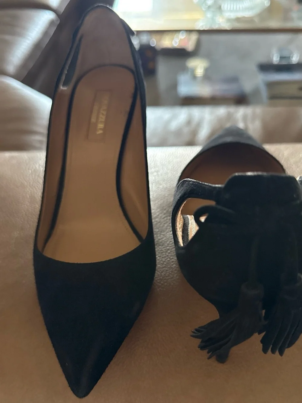Aquazzura Black Suede Pointed Tassel Pumps